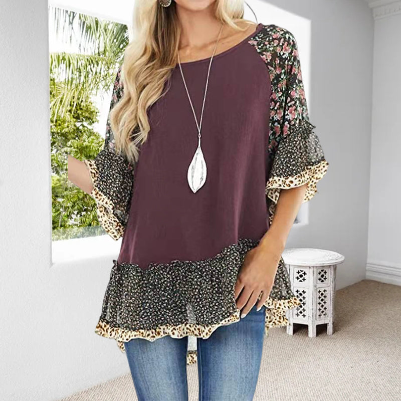 Doll sleeve colorblock leopard print mid sleeve T-shirt