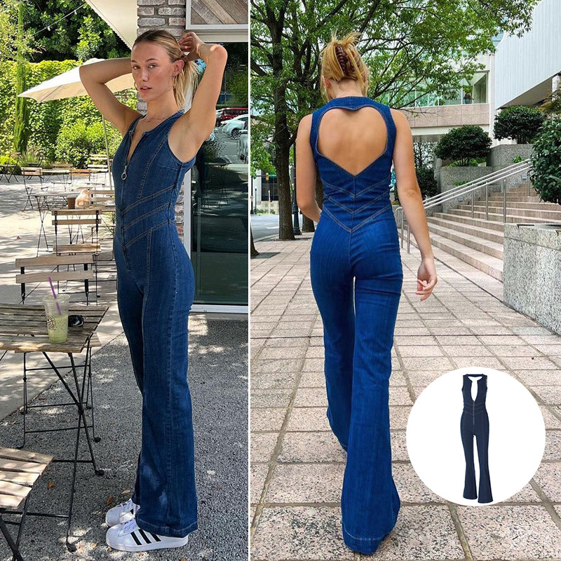 Rygløst Denim jumpsuit med hjerte udsnit bagpå (Dame)