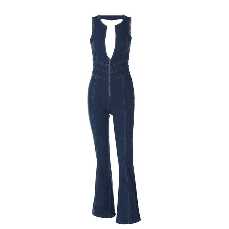 Rygløst Denim jumpsuit med hjerte udsnit bagpå (Dame)